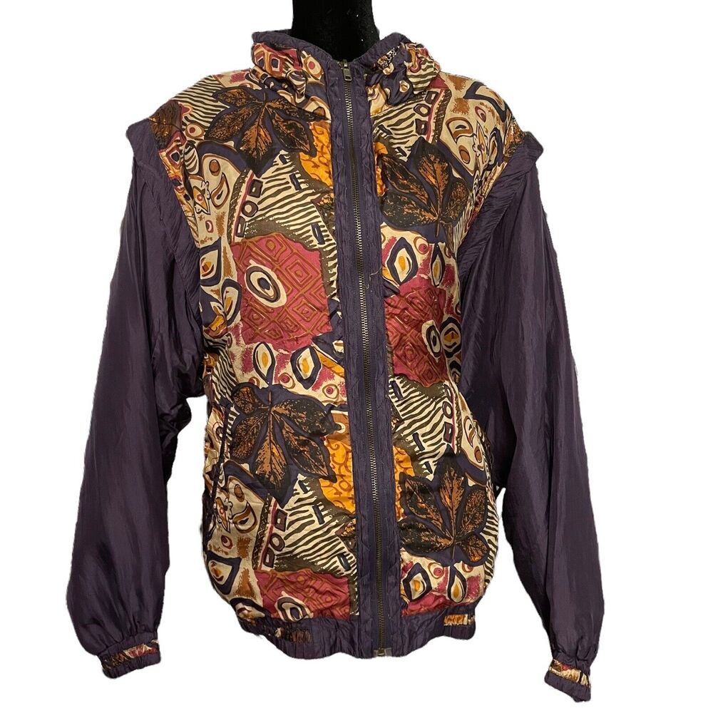 VTG CA Sport Bomber Windbreaker Jacket Womens XL Purple Silk Geometric 90s 80s